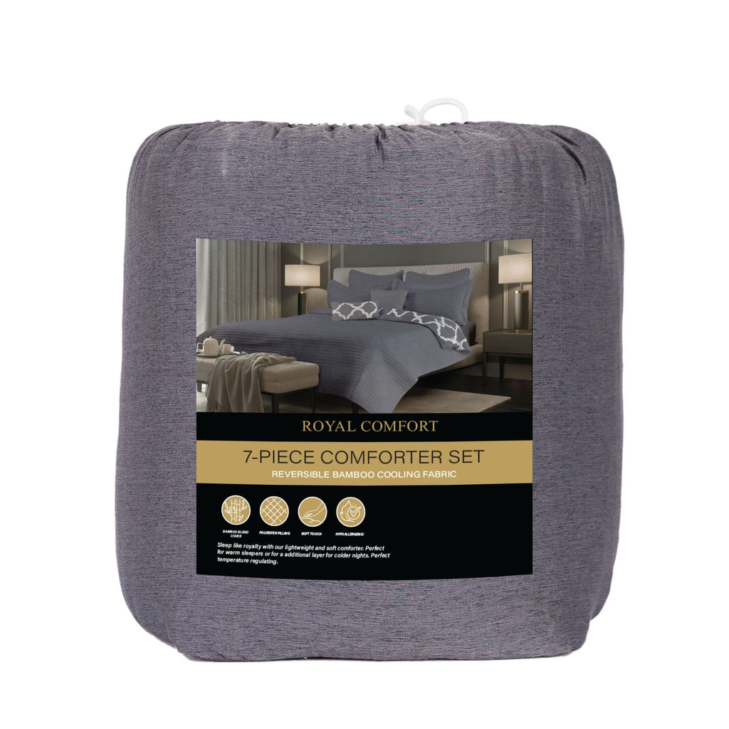 Royal Comfort Bamboo Cooling Reversible 7 Piece Comforter Set Bedspread - Queen - Charcoal-0