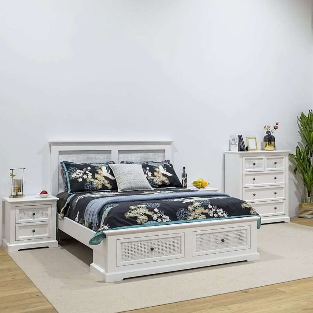 Rattan Rubberwood Bedframe Set Bedside Table Cabinet 4 Piece Set in Malaga Perth Western Australia Queen King Size