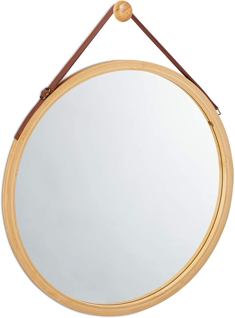 Hanging Round Wall Mirror Solid Bamboo Frame Adjustable Leather Strap Bathroom Bedroom in Malaga Perth Western Australia