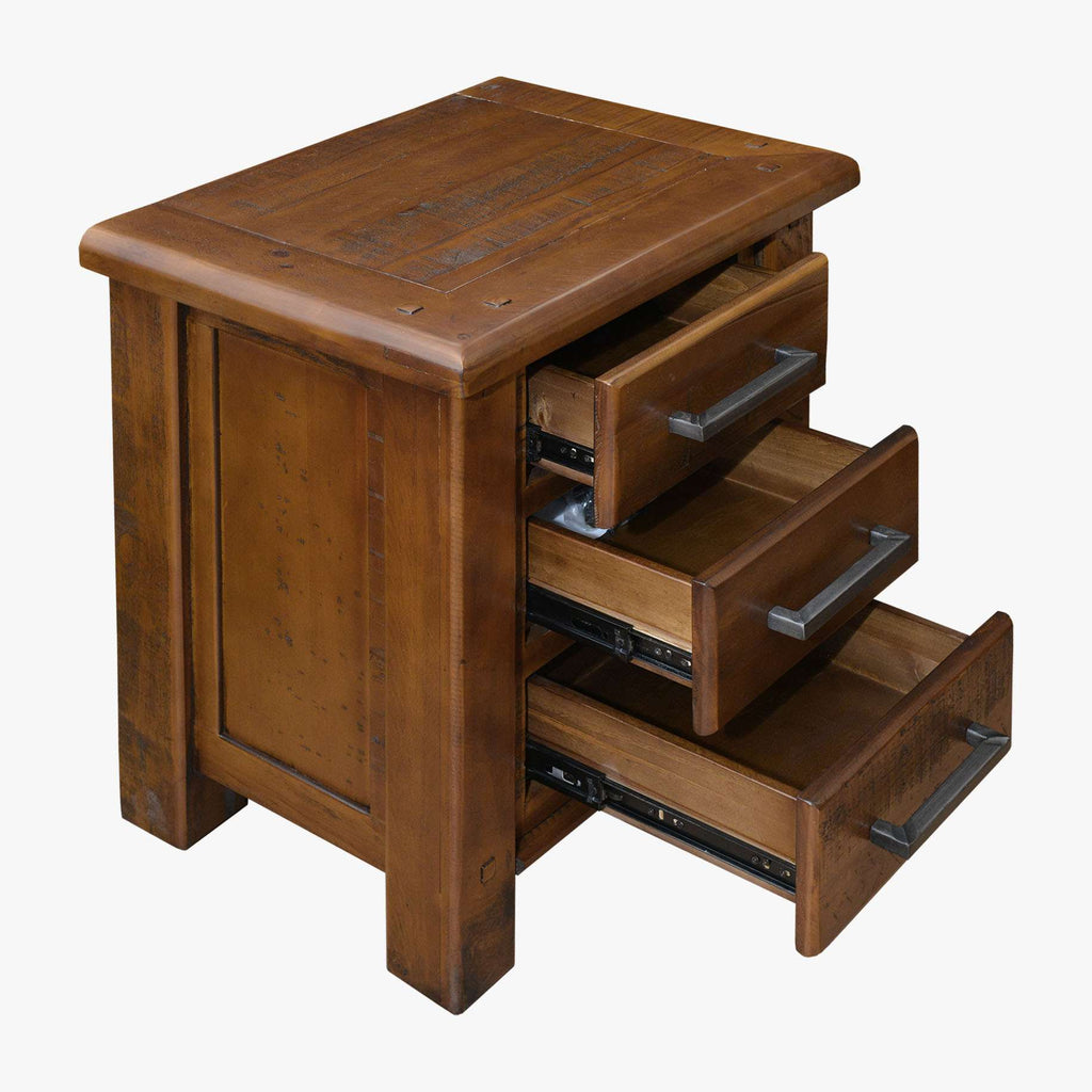 Cargo Wood Vintage Bedside Table with 3 Drawers in Malaga Perth Western Australia Metal handles