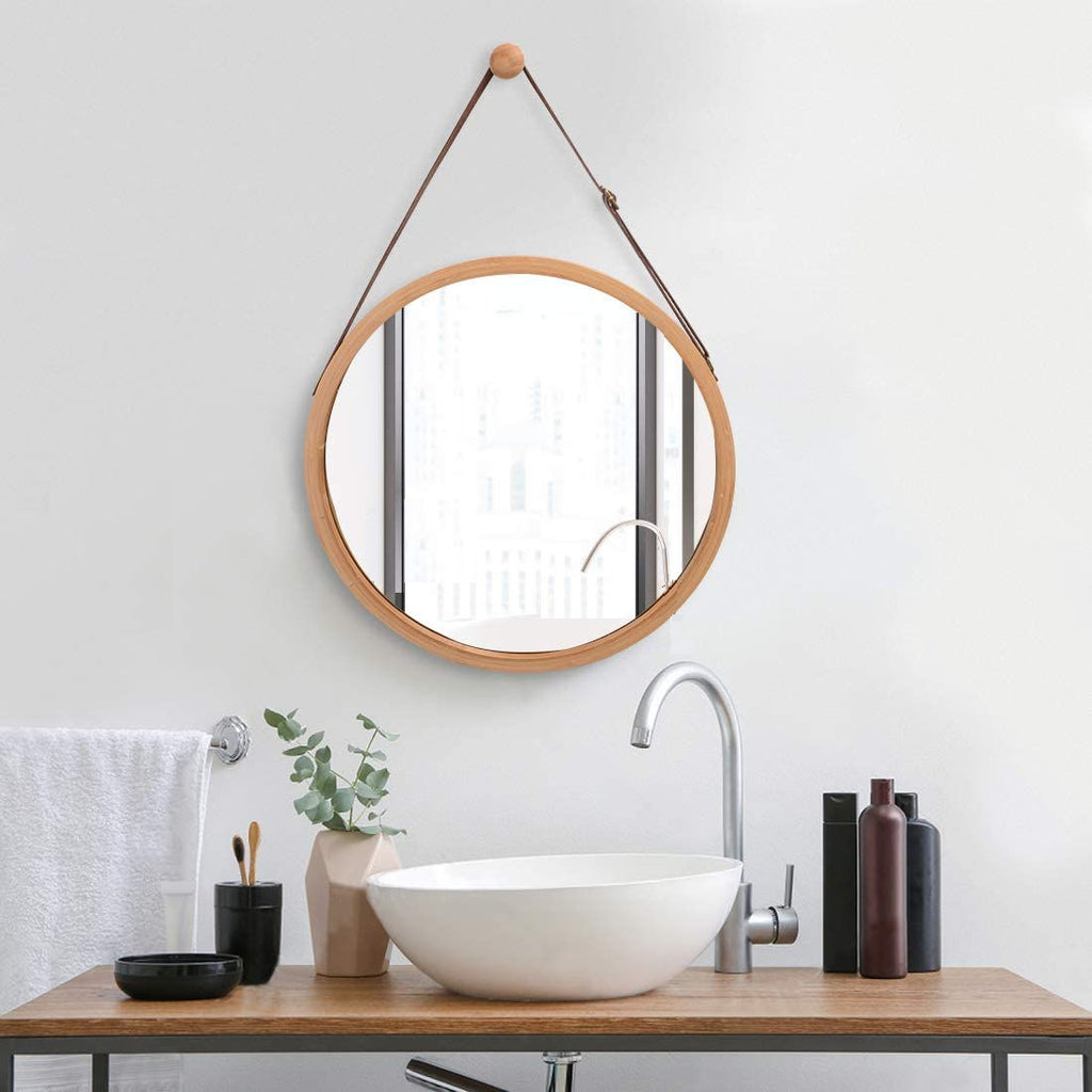 Hanging Round Wall Mirror Solid Bamboo Frame Adjustable Leather Strap Bathroom Bedroom in Malaga Perth Western Australia