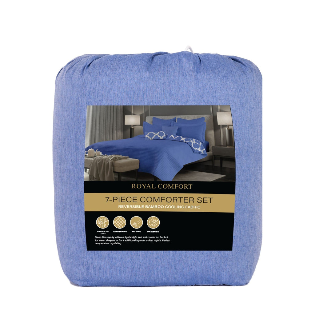 Royal Comfort Bamboo Cooling Reversible 7 Piece Comforter Set Bedspread - King - Royal Blue-0